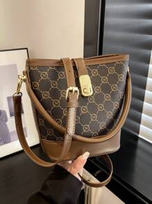 Bolso de hombro, bolso de mano, bolso tipo cubo de color contrastante de moda - Marrón - Ver 1