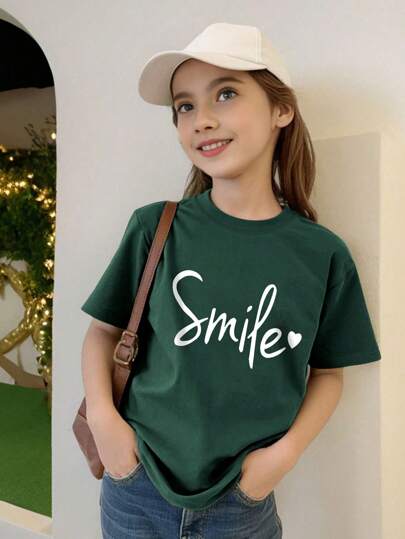 Tween Girls Smile Letter Print Round Neck Casual Short Sleeve T-Shirt, Suitable For Spring And Summer, Soft And Comfortable