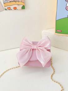 Bolso de hombro pequeño de unicolor con lazo, bolso diagonal mini con cadena, bolso de hombro pequeño de piel sintética, neceser accesorio
