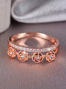 1 件时尚镂空心形玫瑰微镶嵌闪亮锆石圆形戒指，适合女性日常佩戴，百搭且年轻，是情人节、婚礼、约会纪念日、妈妈、母亲、母亲节、礼物表达爱意的礼物 - 花形 - 查看 10