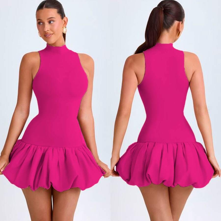 Vestido corto elegante sin mangas falda volumen femenino moderno - Rosa Fucsia - Ver 1