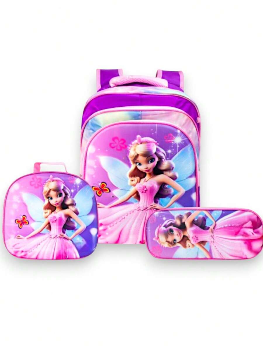 Girl's Backpack, 3-Piece Backpack Set With LED Light, Includes Lunch Box And Pencil Case, Girl's Backpack Models To Choose From, Cartoon Models - Rusty Rose - View 1