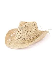 1pc Solid Color Boho Casual Hollow-Out Decor UPF Sun Protection Woven Panama Hat, Cowboy Sunhat, Fashion & Versatile For All Seasons, Commute