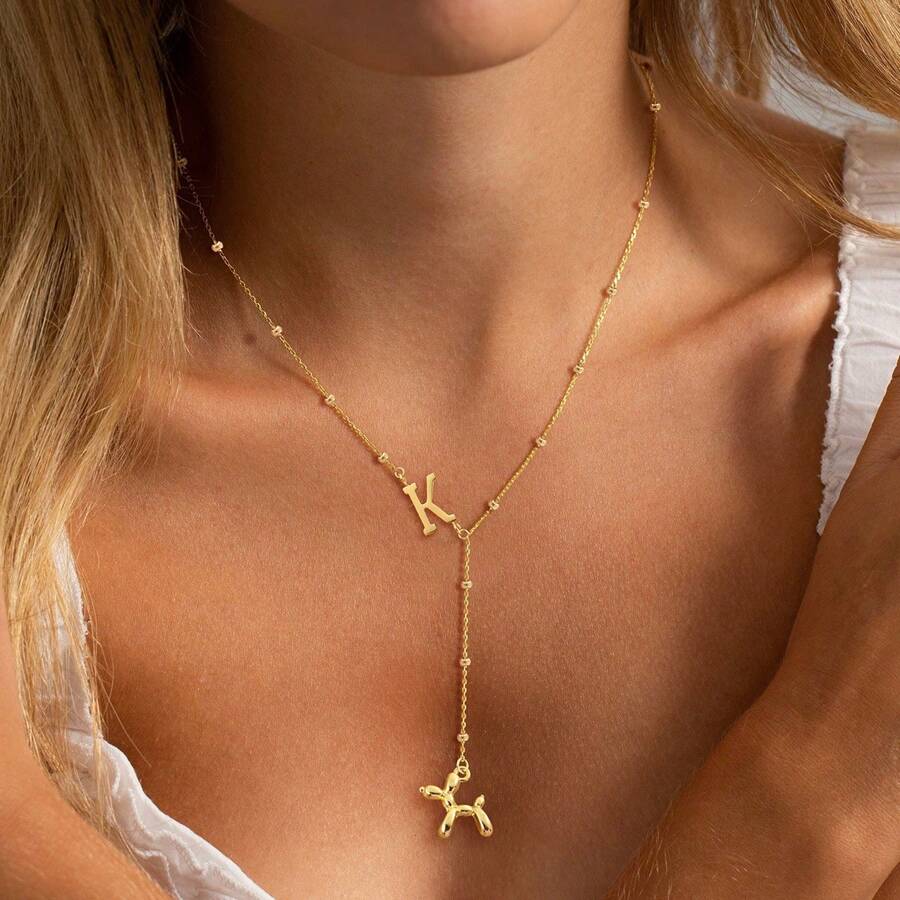 1pc New Gold Color Initial Balloon Dog Pendant Stainless Steel Bead Chain Necklaces For Women