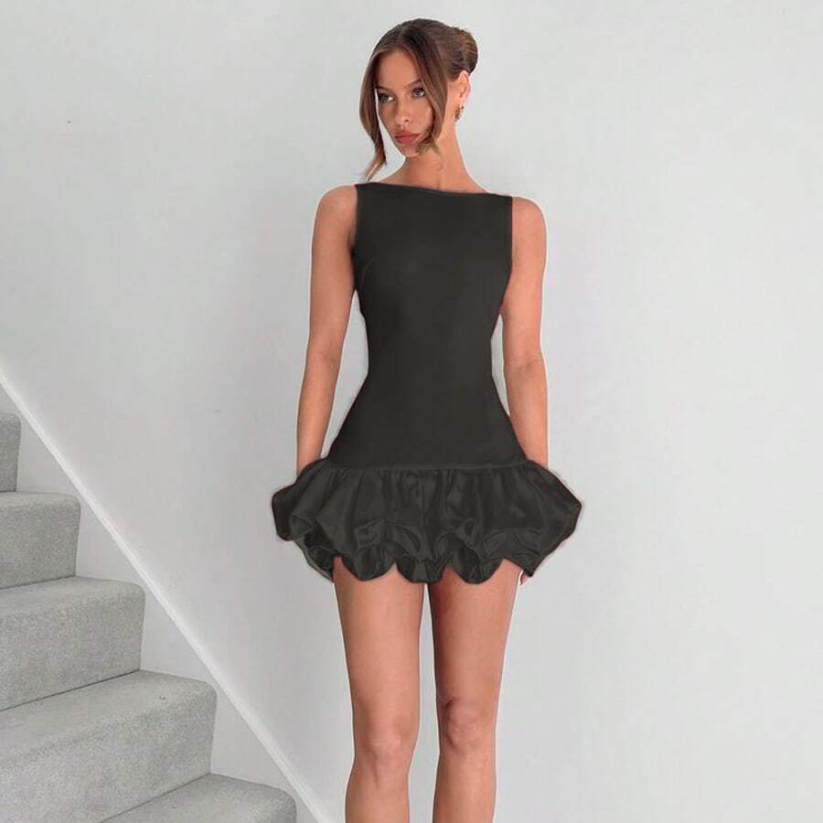 Vestido corto elegante sin mangas falda volumen femenino moderno - Negro - Ver 1
