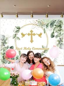 1 Stück Fotohintergrund für erste heilige Taufe mit Grünpflanzen, Friedenstaube und goldenem Design, 210cm x 150cm, Neugeborenen Geburtstag Fotohintergrund für drinnen und Outdoor