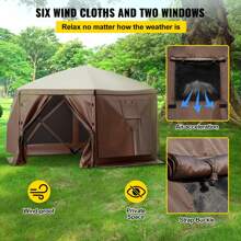 Gazebo Screen Tent, Pop Up Gazebo Tent, Pop-Up Screen Tent 4/6 Sided Canopy Sun Shelter With 4/6 Removable Privacy Wind Cloths & Mesh Windows, Quick Set Screen Tent With Mosquito Netting - 10 x 10 ft, Brown - 查看 3