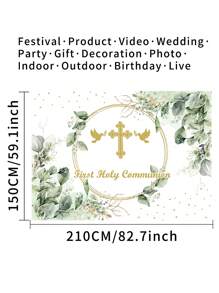 1 Stück Fotohintergrund für erste heilige Taufe mit Grünpflanzen, Friedenstaube und goldenem Design, 210cm x 150cm, Neugeborenen Geburtstag Fotohintergrund für drinnen und Outdoor