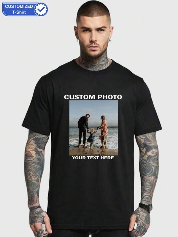 Camiseta casual cómoda y holgada de cuello redondo personalizada para hombres con diseño gráfico. Personalízala con tu propia foto y tu texto/logotipo para parejas, familia, mascotas, regalos. Camiseta personalizable para esposo o novio. Ornamental, elegante, de moda, minimalista, casual personalizada, única, regalo ideal personalizado para él (familia, novio, amigos, niños) para aniversarios, cumpleaños, vacaciones