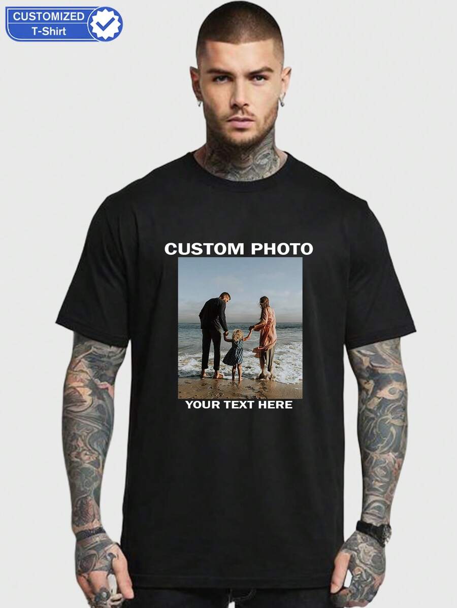 可定制男士休闲舒适宽松圆领T恤。您可以将自己的照片、文字或logo印在上面。适合情侣、家人、宠物，或作为礼物赠送。这款可定制T恤风格独特、时尚简约、百搭，休闲又不失个性，是送给丈夫或男友的理想之选。它也是送给家人、男友、朋友和孩子的理想礼物，适合周年纪念日、生日、节日和其他场合。