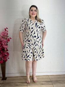 Vestido Mídi Estampado Moda Evangélica M G e GG - Azul Marinho - Visão 1