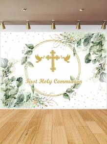 1 Stück Fotohintergrund für erste heilige Taufe mit Grünpflanzen, Friedenstaube und goldenem Design, 210cm x 150cm, Neugeborenen Geburtstag Fotohintergrund für drinnen und Outdoor