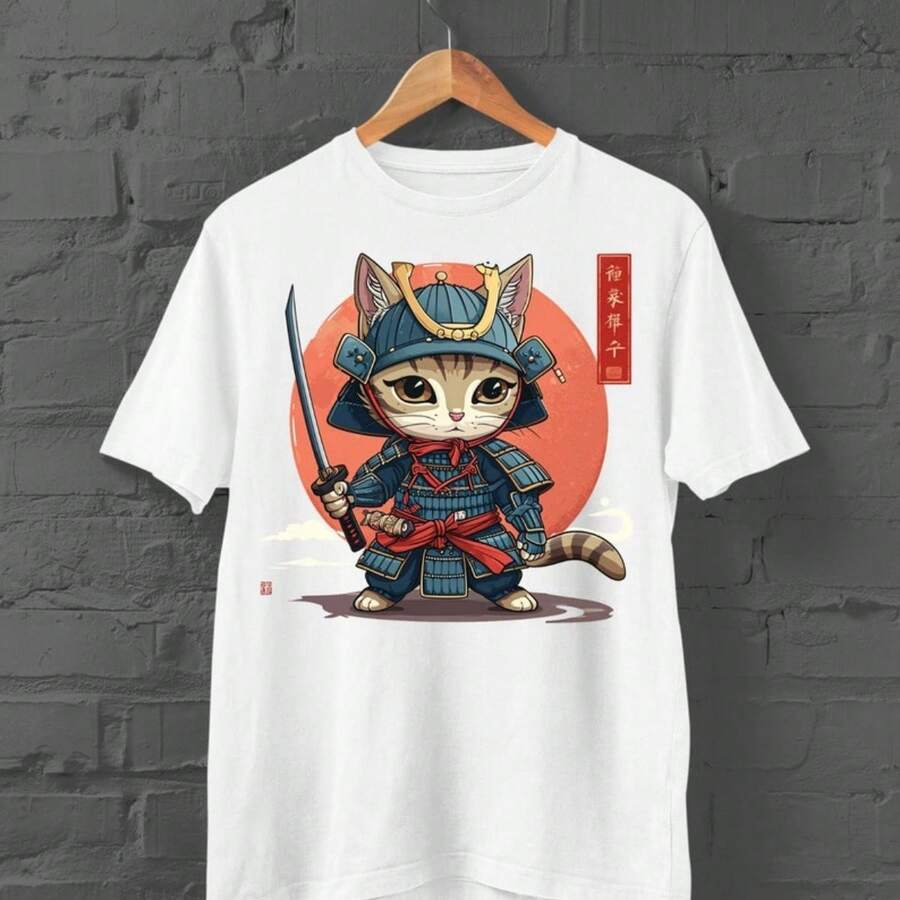 Samurai Cat T-Shirt  Japanese Cat Tshirt  Cat With Kimono Shirt  Anime Tshirt  Cute Cat Tshirt  Kitten Shirt  Harajuku  Y2K Top - 白色 - 查看 1