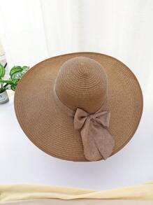 1 Pc Solid Color Casual Elegant Bohemian Straw Bow Wide Brim Round Top Sun Hat, UV Protection, Wind Proof, Decorative Strap, Fashionable, Versatile, Suitable For Commuting And Vacation, All Seasons - Round Straw Hat - View 3