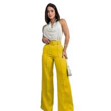 Pantalon mujer corte amplio cintura alta con cinturon elegante - Amarillo - Ver 4