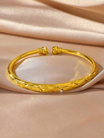 1pc Luxurious Plated Gold Color Adjustable Open Bangle With Cubic Zirconia, Suitable For Women's Everyday Wear And Gift