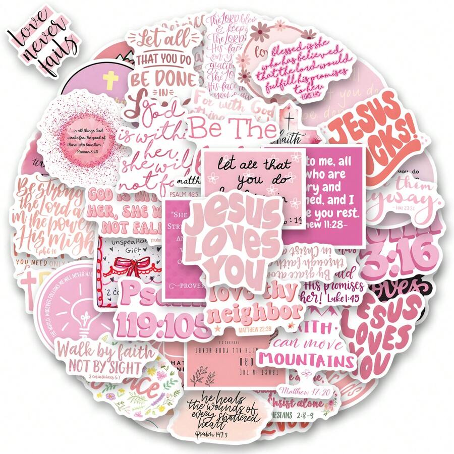 52PCS Pink Bible Verse Jesus Stickers Vinyl Aesthetics Stickers, Decals, Scrapbooking, Diary, Bumper, Skateboard, Water Bottle, Cartoon, Hard Hat, Car Stickers