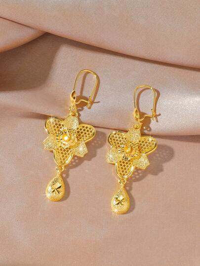 1 Pair Luxury Niche Design Gold-Plated Water Drop Flower Tassel Earrings, Suitable For Women To Wear At Weddings, Gatherings, Parties, Festivals As Gifts