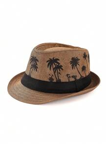 1pc Coconut Tree Bohemian Casual Vintage Polyester Satin Ribbon Printed Straw Braid Jazz Hat, Versatile Unisex Accessory Suitable For Carnival, St. Patrick's Day, Ramadan/Lslamic