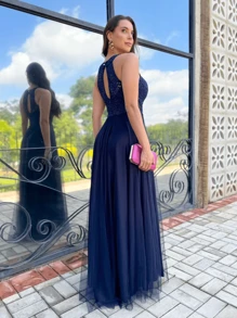 LONG PARTY DRESS IN LACE WITH SHINE TULLE WITH FULL SKIRT FOR BRIDESMAIDS WEDDING - Azul Marino - Ver 2