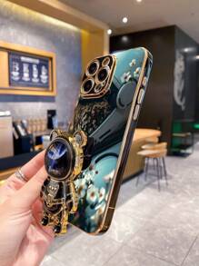 High Quality Black Electroplated Solid Color Astronaut Ditsy Floral Folding Stand Anti-Fall Full Coverage Phone Protective Case With Kickstand, Compatible With IPhone 16 Pro Max/IPhone 11/IPhone 13/IPhone 15 Pro Max, Apple Series, S24 Ultra/S23 Ultra, Galaxy A05S/A15 5G/Galaxy A54, Series, Redmi Note 13 4G/Redmi Note 13 Pro 4G, Series