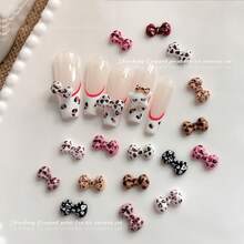 50 piezas/bolsa Decoración de uñas 3D con estampado de leopardo y lazo, accesorios planos y coloridos de lazo para uñas, mezcla kawaii de colores rosa, blanco, amarillo claro, rosa claro, marrón rojo, café y negro para joyería de uñas DIY, suministros de arte de uñas, gemas de uñas DIY profesionales