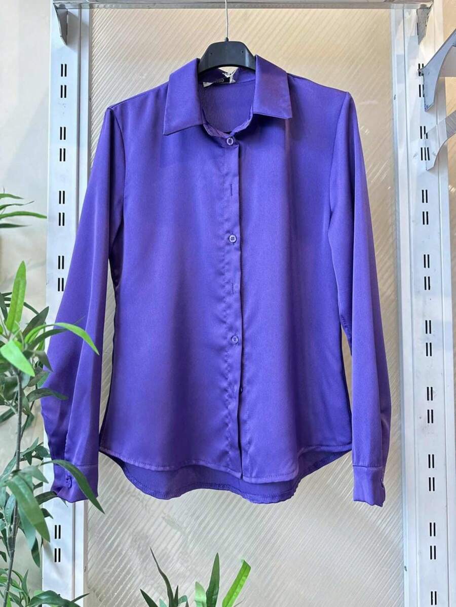 PLAIN SATIN SHIRT - 紫羅蘭色 - 查看 1
