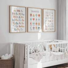 Bộ 3 tranh treo tường phòng trẻ em - Bảng chữ cái, Biểu đồ số & Áp phích ABC | Đồ trang trí phòng trẻ em giáo dục cho bé trai và bé gái | Áp phích vải canvas phong cách Boho hiện đại | Khung tùy chọn, Tranh treo tường có khung - Nhiều màu - Xem 7