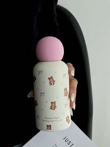 1pc 350ml Teddy Bear Bow Stainless Steel Double Wall Insulated Cup, Flat Bottom Mug, Coffee Cup, Water Bottle, Outdoor Tumbler, Tea , Unique Tea Cup Lid Design, Suitable For Outdoor, Office, Home, School, Car, Birthday Gift, Holiday Gift, Mother's Day, Father's Day, Back To School, Valentine's Day