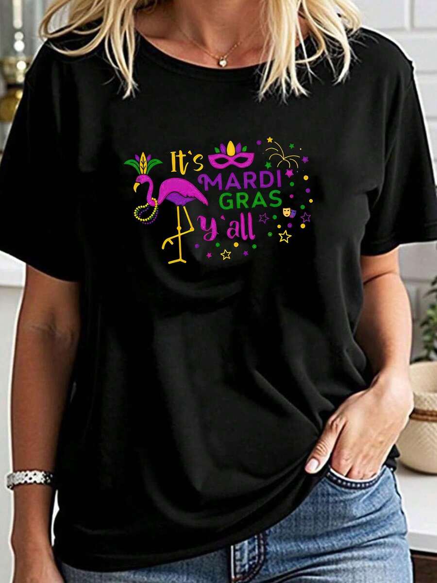 Mardi Gras T-Shirt For Women It's Mardi Gras Y'all With My Gnomies Flamingo Wi - Black - View 1