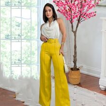 Pantalon mujer corte amplio cintura alta con cinturon elegante - Amarillo - Ver 3