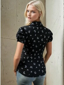 Cămașă neagră de damă elegantă cu imprimeu fluture – cu mânecă scurtă, slim fit - Negru - Vizualizare 4