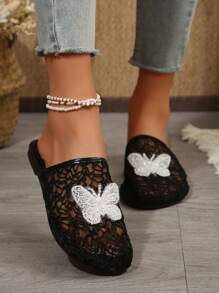 Women's Mule Slippers With Bow Embroidered Mesh Design, Elegant Slip-On House Slippers For Indoor & Outdoor Wear, Black Flat Breathable Comfy Slides - Black - View 5