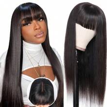 Straight Human Hair Wigs With Bangs 250% Density Wear And Go Glueless Wigs 100% Brazilian Virgin Human Hair Wigs For Women - Natural Black - View 3