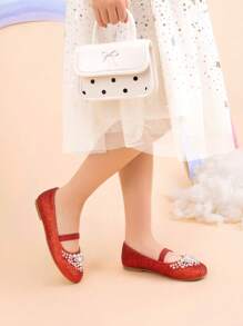 Girls Mary Jane Ballerina Flat Dress Shoes Flat Pearl Shoes - Đỏ - Xem 4