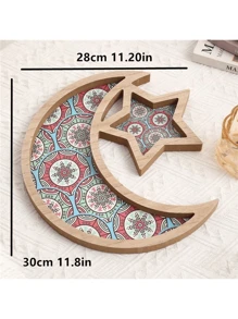 1 pieza Bandeja de madera con diseño de estrella y luna, color natural, decorativa para la sala de estar