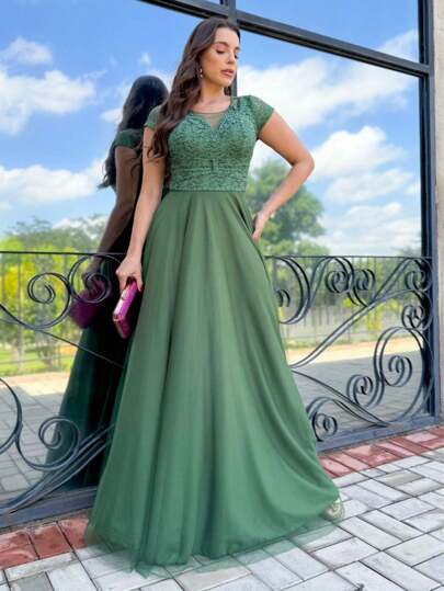 VESTIDO DE FESTA LONGO CASAMENTO MADRINHA  MANGA COM RENDA E TULE