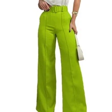 Pantalon mujer corte amplio cintura alta con cinturon elegante - Verde Lima - Ver 2