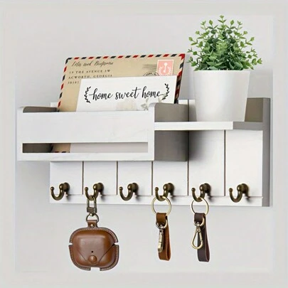 1pc Rustic Wooden Wall-Mounted Key Holder Rack With Mail Manager And Tray, Easy To Install, Suitable For Living Room, Kitchen, Hallway Wall Hanging Keys And Accessories Room Decor