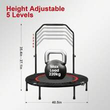 40 Inch Foldable Fitness Trampoline Max Load 400lbs Foldable Exercise Rebounder With 4 Level Adjustable Handrail Fitness Body Exercise - Red - View 2