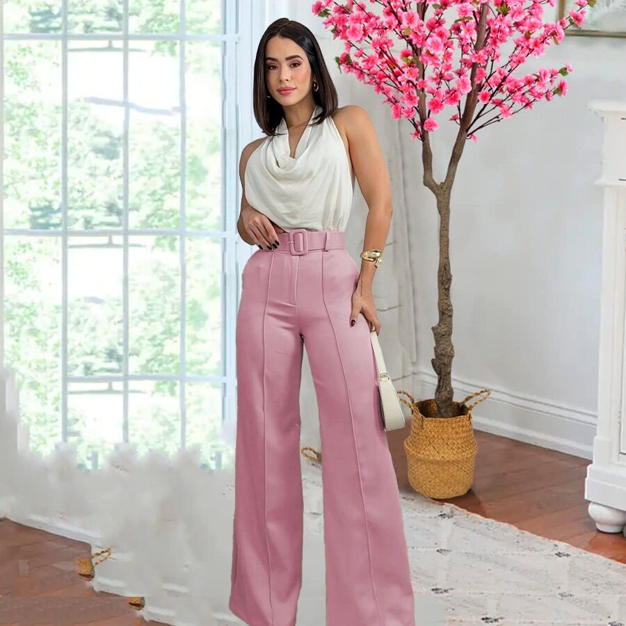 Pantalon mujer corte amplio cintura alta con cinturon elegante - Rosa vieja - Ver 1