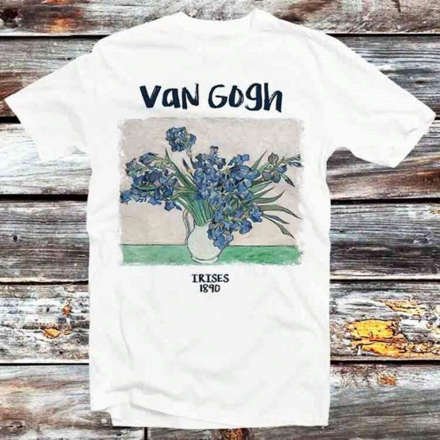 Van Gogh Irises 1890 Painting Drawing Art T Shirt Vintage Retro Cool Gift Mens Womens Unisex Cartoon Anime Top Tee B922 - White - View 1