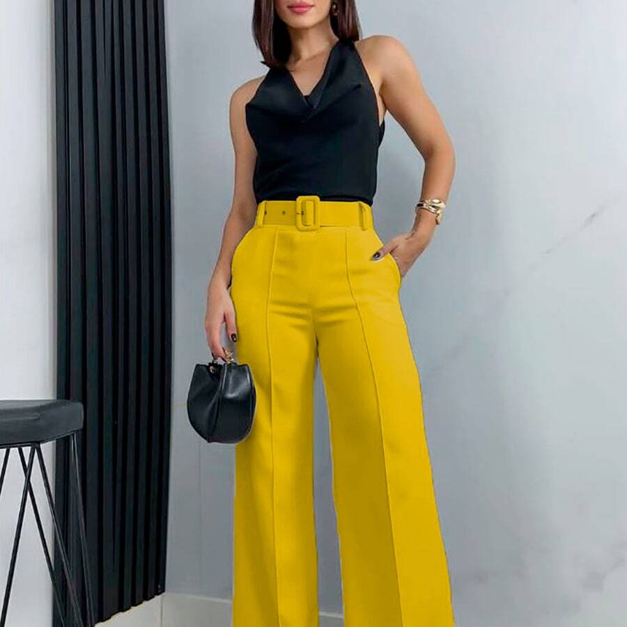 Pantalon mujer corte amplio cintura alta con cinturon elegante - Amarillo - Ver 1