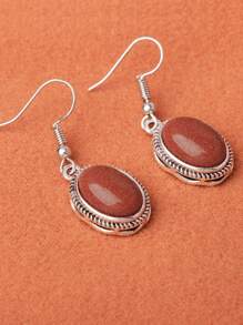 1 Pair Vintage Oval Sand-Textured Versatile Holiday Style Earrings, Multiple Colors Available (Natural Stone Texture May Vary) - Orange - View 1