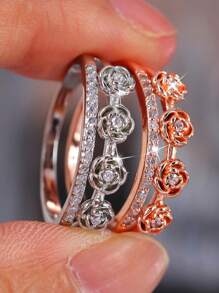 1 件时尚镂空心形玫瑰微镶嵌闪亮锆石圆形戒指，适合女性日常佩戴，百搭且年轻，是情人节、婚礼、约会纪念日、妈妈、母亲、母亲节、礼物表达爱意的礼物 - 花形 - 查看 6