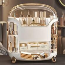 One Large Transparent Makeup Storage Box - Portable Makeup Case, Suitable For Countertops, Bathroom, And Dressing Table - Dustproof, Organizes Skincare And Makeup Products - Red - View 3