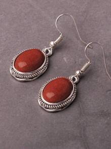 1 Pair Vintage Oval Sand-Textured Versatile Holiday Style Earrings, Multiple Colors Available (Natural Stone Texture May Vary) - Orange - View 5