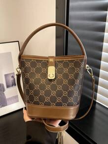 Bolso de hombro, bolso de mano, bolso tipo cubo de color contrastante de moda - Marrón - Ver 2