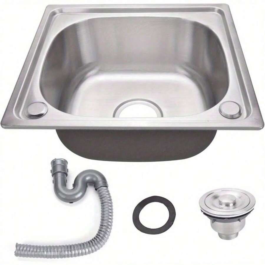 Square Kitchen Sink Single Bowl Stainless Steel With Strainer & Drainer Waste Plumbing Pipes Undermount Drop-In Installation Inset 345 * 290 Mm 13.5 * 11.4 Inch - Variant1 - View 1