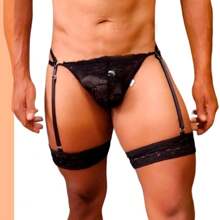 Men's Seduction Garter Belt In Transparent Lace Adjustable Legs - màu đen - Xem 5